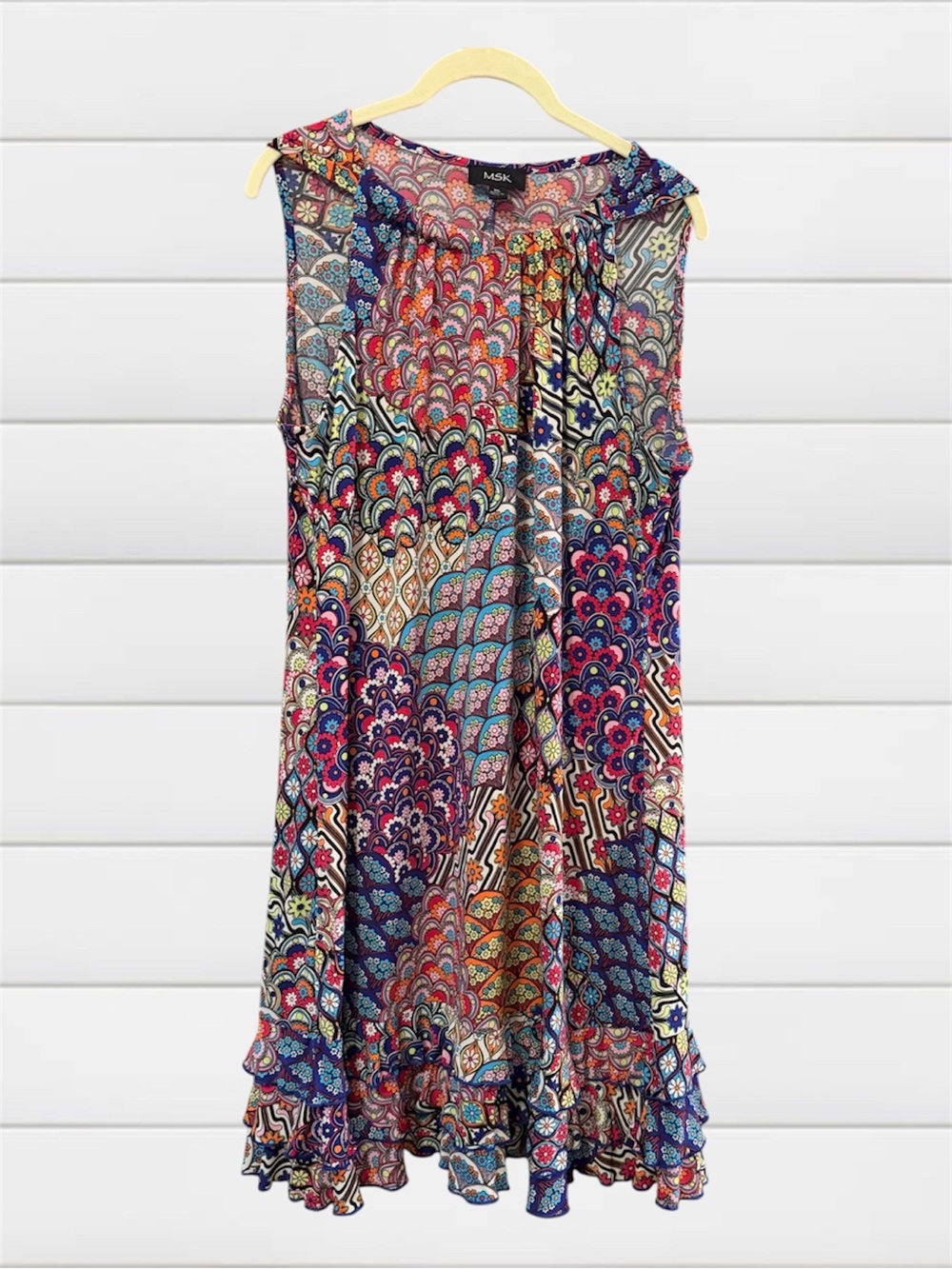 MSK XL Colorful Boho Sleeveless Ruffle Hem Shift Swing Dress Stretchy Floral